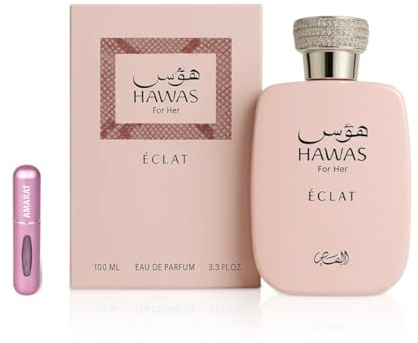 Perfume Hawas Éclat Eau de Parfum 100 ml, Perfume Árabe para Mujer de Larga Duración, Incluye Atomizador Recargable, Fragancia Femenina Floral y Luminoso con Notas de Lichi, Rosa e Incienso (Éclat)