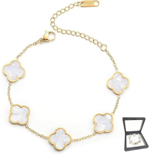 HESUSUSI Bracelet Trefle 4 Feuilles Femme, 18k Plaqué Réglables Bijoux Chanceux, Bracelet Acier inoxydable Élégant pour Fille Cadeau Saint-Valentin Fête des Mères Noël pour Jeune Fille