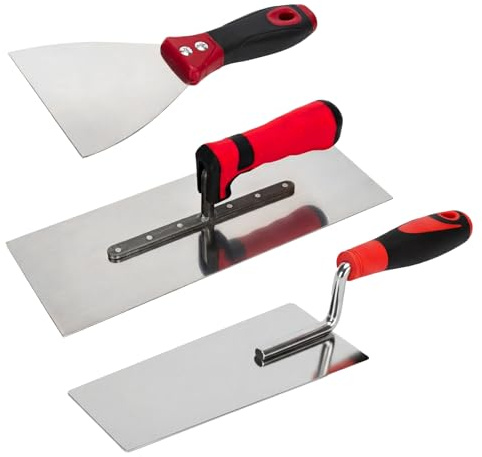 Juego de yeseros (3 piezas) para juntas de ladrillos, raspador de papel pintado, herramienta de apuntar, paleta de calibración, paleta de yeso, herramientas de albañilería para constructores con asas