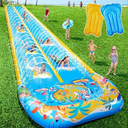 Toboganes de agua de doble deslizamiento de 40 pies con 2 bodyboards, toboganes acuáticos inflables gigantes para niños y adultos, patio trasero, juguetes extra largos con almohadilla de choque para