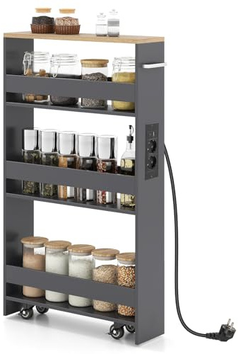 GIANTEX Scaffale per Nicchia da 20 cm di Larghezza, con Base di Ricarica, 4 Piani in Legno su Ruote, Scaffale Sottile per Cucina e Bagno, Carrello a Rotelle (Naturale+Grigio, Largo 13 cm, con presa)