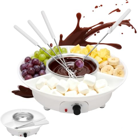 CEWROM Elektrisk chokladfondue med 4 spett | tempererare för smältning av choklad och kuvertör|2 temperaturnivåer | Perfekt för chokladfontän, chokladsmältkruka Candy Melts smältare (vit)
