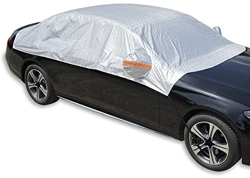 Waterproof Half Car Cover, Anti UV Windproof Cover for Automobiles Outdoor Sun Rain Dust All Weather Auto Cover UV Protector for Windshield, Side/Rear Window, Universal Fit for Sedan (171 inches)