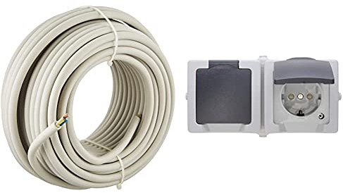 Kopp 150825001 NYM-J 3 x 1,5 mm² Feuchtraum-Kabel, 25 m-Ring & Nautic 2-Fach Steckdose Aufputz Feuchtraum, IP44, grau, 137056002