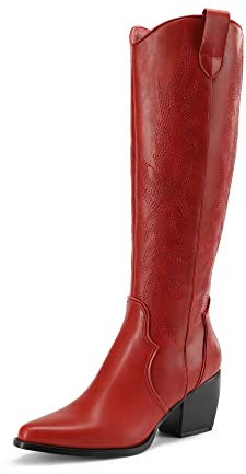 DREAM PAIRS Women's Knee High Block Heel Cowboy Boots | Classic western knee-high boots with chunky heel, pointed toe, and stylish embroidery ,all-day comfort with zipper.