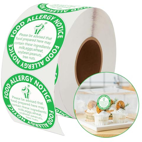 Lot de 500 autocollants anti-allergie pour gâteaux - 5,1 cm - Étiquettes d'avertissement allergènes pour boulangerie, fête, restaurants (5,1 cm)