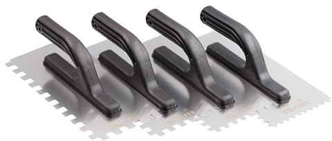 Mivos Kit de paletas dentadas de 4 piezas - Paleta dentada de acero inoxidable 6x6 8x8 10x10 12x12 mm - 270 x 130 con mango de plástico - inoxidable - Paleta con reborde - Fabricada en la UE