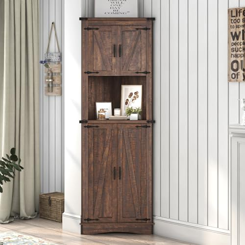 Hlivelood 68 Tall Farmhouse Corner Cabinet, 5-Tier Storage Cabinet with 4 Barn Doors & Adjustable Shelves, Bathroom Cabinets with Storage for Living Room, Kitchen, Bathroom, Brown