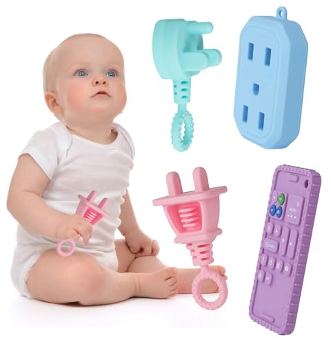 deAO Beissring Baby, 4 Stück Weiches Zahnungshilfe Bpa-Frei Silikon Beißring für Babys, Beruhigt Babys Wundes Zahnfleisch, Kleinkinder Zahnen & Greifling Set, Geschenke für 3 Monate+ Junge Mädchen
