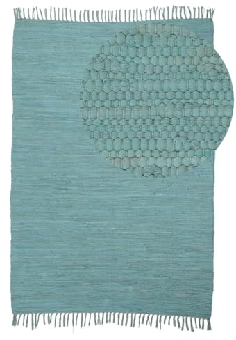 carpetfine Flickenteppich Kelim Chindi Uni Türkis 70x140 cm, handgewebt | Fleckerlteppich aus Baumwolle für Wohnzimmermit Fransen