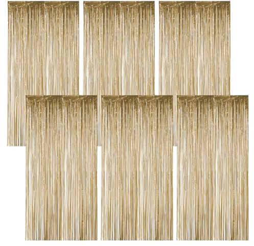 6 Stück Lametta Champagner Gold 1M X 20M Lametta Vorhänge, Gold Lametta Glitzer Vorhang Geburtstag, Tinsel Curtain für Hintergrunddekoration, Partydekoration, Geburtstagsdekoration, Weihnachten