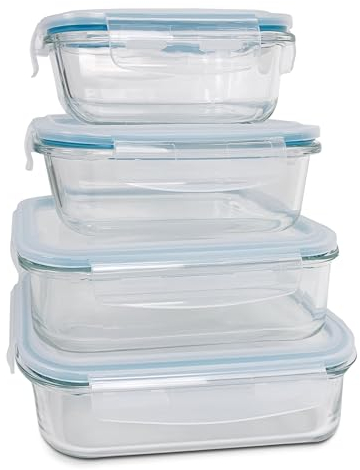 TIENDA EURASIA – Set 4 Fiambreras de Cristal | Tapa con Cierre de Silicona | Recipientes Herméticos | Apto para Microondas y Lavavajillas | 4 Tamaños Diferentes