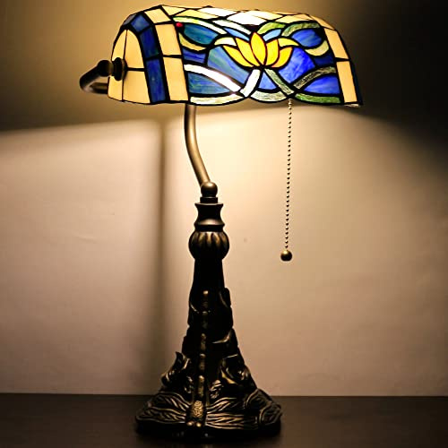 SYETL Tiffany Banker Lamp Small Stained Glass Table Lamp Tiffany Style Piano Light Blue Yellow Lotus Style Desk Lamp Angle Adjustable 10.6X15.7 Inch for Home Office Living Room Bedroom
