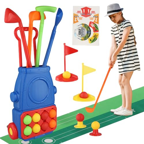 Litinliv Golfspielzeug Kinder Golf Clubs, Golfbällen Wagen, 4 Golfschläger, 8 Bälle, Indoor Outdoor Sport Spielzeug, Garten Spiel, Kinder Golfset Geburtstagsgeschenke für Jungen Mädchen 3 4 5 Jahre