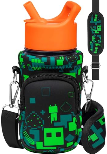 Miss Adola Water Bottle Carrier - Cartoon Insulated Neoprene Holder with Strap for Kids Boys and Girls - Fits 10/12/14/16/18Oz Stainless Steel or Glass Bottles Sleeve, Green