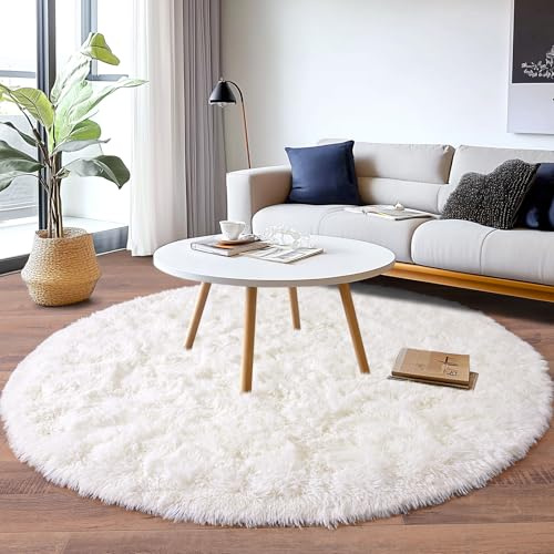BSGIFT Runder Teppich 160 cm Durchmesser, Shaggy Hochflor Teppich Creme Flauschig, Langflor Kuschelteppich Wohnzimmerteppich High-Pile Carpet rutschfest für Wohnzimmer Kinderzimmer Schlafzimmer