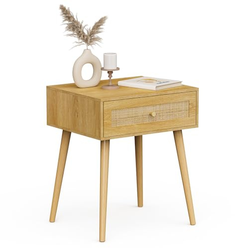 VonHaus Bedside Table for Bedroom - Scandi Style Natural Rattan 1 Drawer Nightstand with Metal Handle & Tapered Legs - Boho Look Side Table for Living Room, Cane Bedside Cabinet for Bedroom Storage