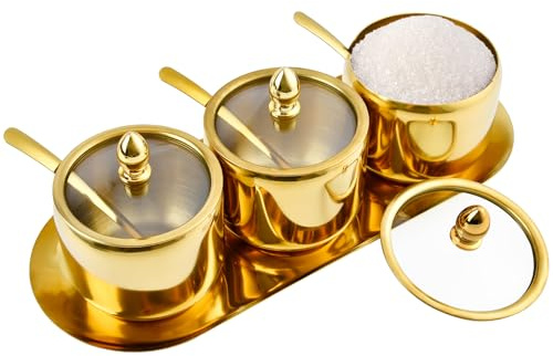Akamino Set of 3 Stainless Steel Sugar Container with Glass Lid and Spoon, Gold 10oz Seasoning Jar Condiment Pots with Serving Tray, Kitchen Canisters Set for Pepper, Salt, Spice, Candy