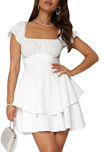 Women's Puff Sleeves Square Neck Solid Dress Ruffle Tiered Hem Flowy A-line Short Mini French Dress (White, M)