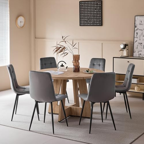DEYARNA HOME Essgrupp 7-delad, 120 cm Rund matbord och 6 matsalsstolar (Holländskt non-woven), Bord och 6 stolar för kök, vardagsrum, balkong, restaurang, kontor (Ljus träfärg+Grå)