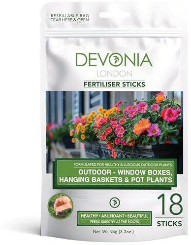 Devonia Window Boxes, Hanging Baskets & Pot Plant Fertiliser Spikes, 18 Sticks, Slow-Release Food, Easy to Use Fertilizer, Feed at Roots for 12 weeks