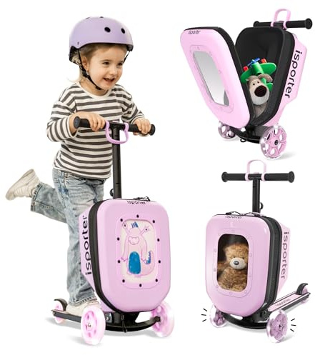 iSporter K3 Luggage Scooters for Kids 2-5 or 3-5, Toddler Scooter with Suitcase for Boys and Girls 2 Year Old and Up with Light Up Wheels, Foldable and Height Adjustable