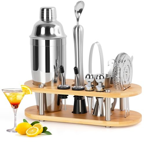 FoiiLiio 750ML Shaker Cocktail, 12 pezzi Kit Cocktail per Cocktail, Cocktail Set in Acciaio Inox con Supporto in Bambù per Home Bar, Kit Barman, Set Cocktail Professionale