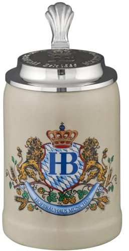 Hofbräuhaus München Sten, ölkrus lejondekor med tennlock 0,25 l | Original måttkanna | ölglas med HB-logotyp, presentidé för män och kvinnor (med tennlock, 0,25 liter (1 styck))