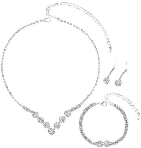 XFSRG Parure Gioielli Donna Elegante Semplice Set di Gioielli Sposa Ciondolo Sposa con Strass Grandi Collana Braccialetti Orecchini Anello Set(Argento)