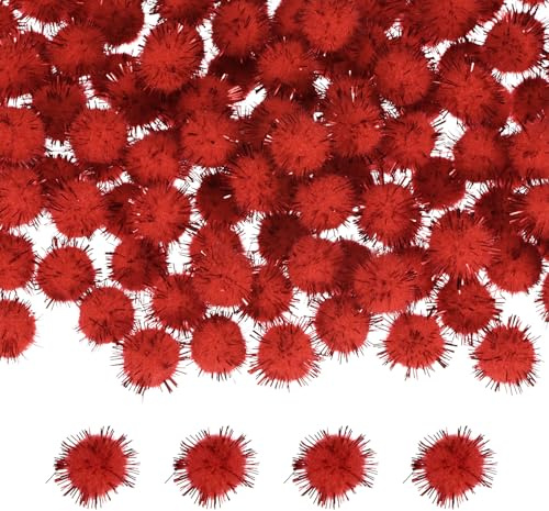 M METERXITY 100-Pack Glitter Pom Pom Balls, 0.6 in/1.5 cm Mini Tinsel Sparkle Balls for Arts/DIY Crafts/Party Decoration/Christmas/Cat, Soft Assorted Puff Ball [Bright Red]