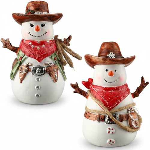 Bucherry 2 Pcs Winter Snowman Decorations Western Cowboy Cowgirl Resin Snowman Figurines with Hat 5 x 3.2 Inch Winter Table Centerpieces Ornaments for Holiday Indoor Decor