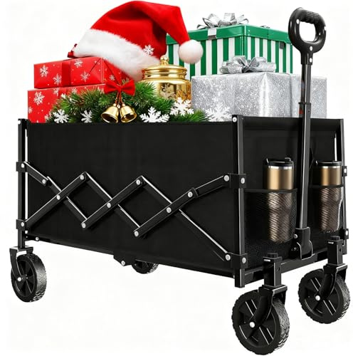 159KG Festival Trolley on Wheels - Lightweight Folding Wagon with Adjustable Handle for Camping Beach Picnic, Black