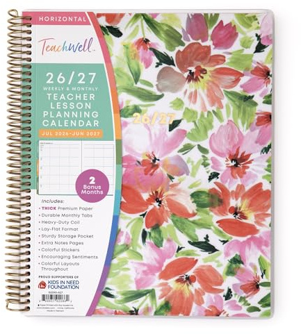 Blue Sky Teachwell 2026-2027 Weekly and Monthly Academic Year Teacher Lesson Planner Calendar, July 2026 - June 2027, 8.5 x 11, Flexible Cover, Heavy Duty Coil Binding, Colorful Interior, Laminated Tabs, Storage Pocket, Includes Stickers, Meilani