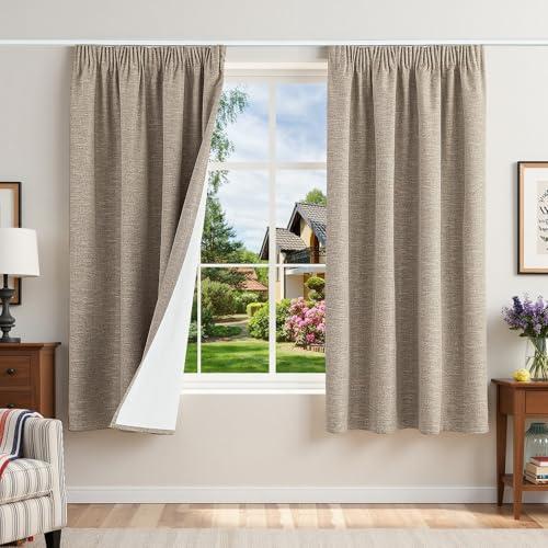 Runyéla 100 % ogenomskinliga gardiner med veckband linneutseende mörkläggningsgardiner 175 H x 140 B x 2 linne gardiner termiska gardiner köldskydd vardagsrum mörkläggningsgardin