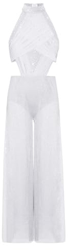 CHICTRY Tuta da Ballo Latino per Bambina Pantaloni a Gamba Larga a Vita Alta in Tulle Jumpsuit Elegante Body da Ginnastica Artistica Leotards Danza Classica Bianco A 11-12 anni