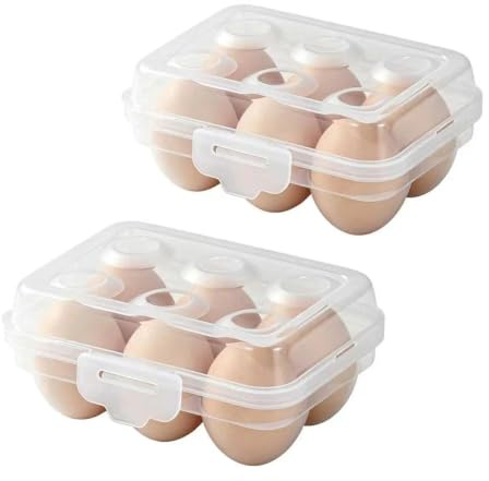 Komoke Juego de 2 hueveras para 6 huevos, nevera con tapa, recipiente portátil para huevos para camping y exteriores, ahorro de espacio, frigorífico, color blanco transparente