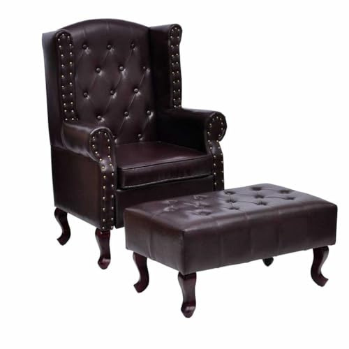 QJBSAVVA Chesterfield - Sillón de relax con taburete, de piel sintética, color marrón oscuro, con cierre de botones y patas de madera, estilo vintage, 66 x 78 x 111 cm