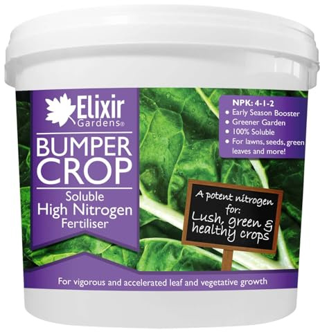 Elixir Gardens Bumper Crop High Nitrogen Fertiliser | N.P.K: 4-1-2 | From 1kg to 20kg, Perfect for Brassicas, Leafy Plants & Vegetables | 5kg Re-Sealable Tub (Makes 5,000L of Liquid Feed)