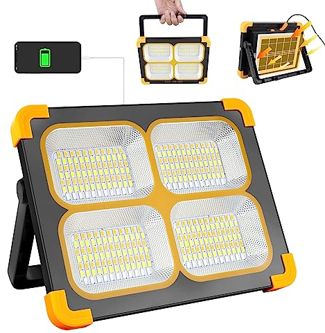 Projecteur LED Rechargeable, 120W 10000LM Lampe Chantier, Lumière de Travail Portable avec Panneau Solaire, 348 LEDs 4 Modes d'éclairage, Absorption d'aimant, Idéal pour Camping, Travail, Pêche