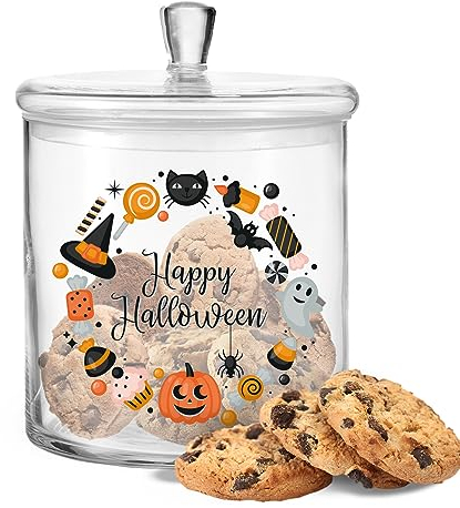 GRAVURZEILE Leonardo Keksglas mit UV-Druck - Happy Halloween Circle - Süßes oder Saures - Keksdose Bonbonglas mit luftdichtem Deckel - Gruselige Horror Party Dekoration zu Halloween für Kinder