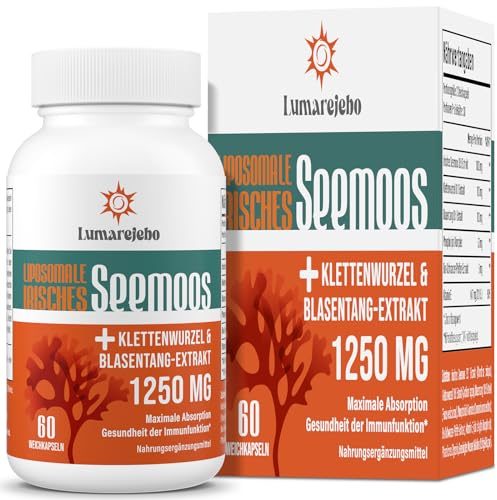 Liposomale Irish Sea Moss Kapseln 30000mg (30:1) - 5X Schnellere Absorption als Normales Seemoss - Bladderwrack + Burdock Root + Vitamin E - Aktives Meermoos - Original aus Wildsammlung - 60 Kapseln