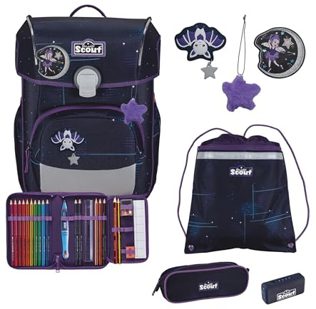 SCOUT Der echte sicherer Schulranzen, Neo Exklusiv Safety Light Spooky Starlight, 5er-Set, ca. 21,5 l Volumen, ca. 1.250 g Gewicht (ohne abnehmbare Elemente)