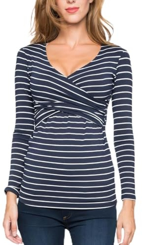 SamHeng Women Long Sleeve Maternity Tops Nursing T-Shirt Lift-up Breastfeeding Shirts V Neck Nursing Top Striped Pregnancy Clothes(Navy, L)