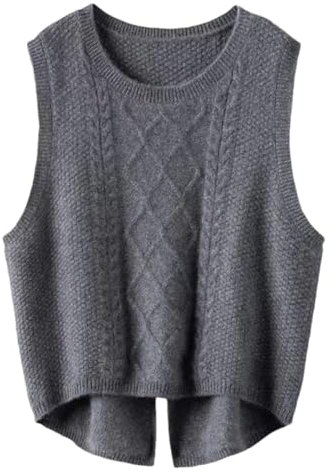 Damen Merinowolle Weste Lose O-Neck Sweater Weste Twisted Knit Vest, grau, XL