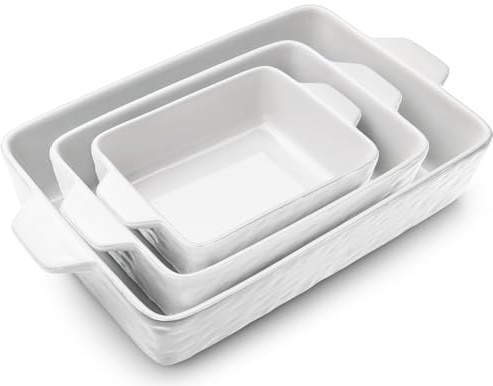 Krokori Casserole Dishes for Oven, Ceramic Baking Dishes, Lasagna Pan with Handles, Porcelain Baking Pan Deep, Bakeware for Baking, Cooking, Wedding Gift, Set of 3 (11.6 x 7.8, White)