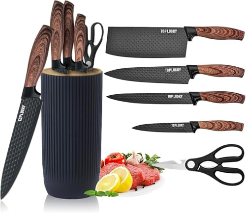 Küchenmesser-Set, 6-teiliges schwarzes, scharfes Messerset für die Küche, Antihaftbeschichtetes, rutschfestes Edelstahl-Kochmesserset mit Universal-Messerblock (Schwarz)