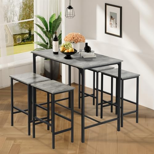 anrekl Set tavolo da pranzo e sedie da 5 pezzi, tavolo da bar con sgabelli, tavolino da caffè, adatto per cucina sala da pranzo soggiorno, tavolo da bar 100x60x90 cm, grigio