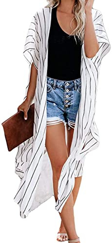 florynova Kimono for Women Summer Cardigans Open Front Swimsuit Cover Up Hawaiian Beach Shirts(White Stripe,2XL)