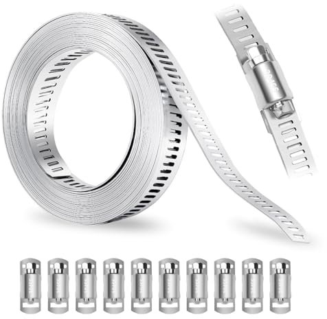 Lot de colliers de serrage réglables en acier inoxydable 304 - 5 m - Avec 10 pinces à vis - Pour réservoir, refroidisseur, tuyau d'eau