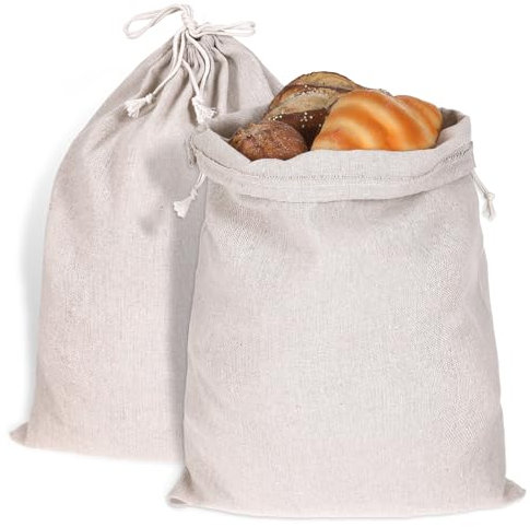 Lot de 2 grands sacs à pain en lin pour pain fait maison réutilisables avec cordon de serrage pour le stockage des aliments, 30,5 x 38,1 cm, sac de rangement en lin naturel pour pain au levain